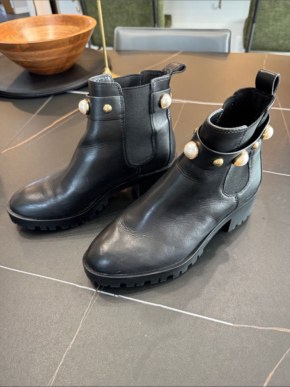 Karl Lagerfeld Black Leather Ankle Boots with Pearl Studs